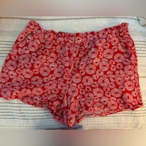 Red Floral Patterned Linen Shorts